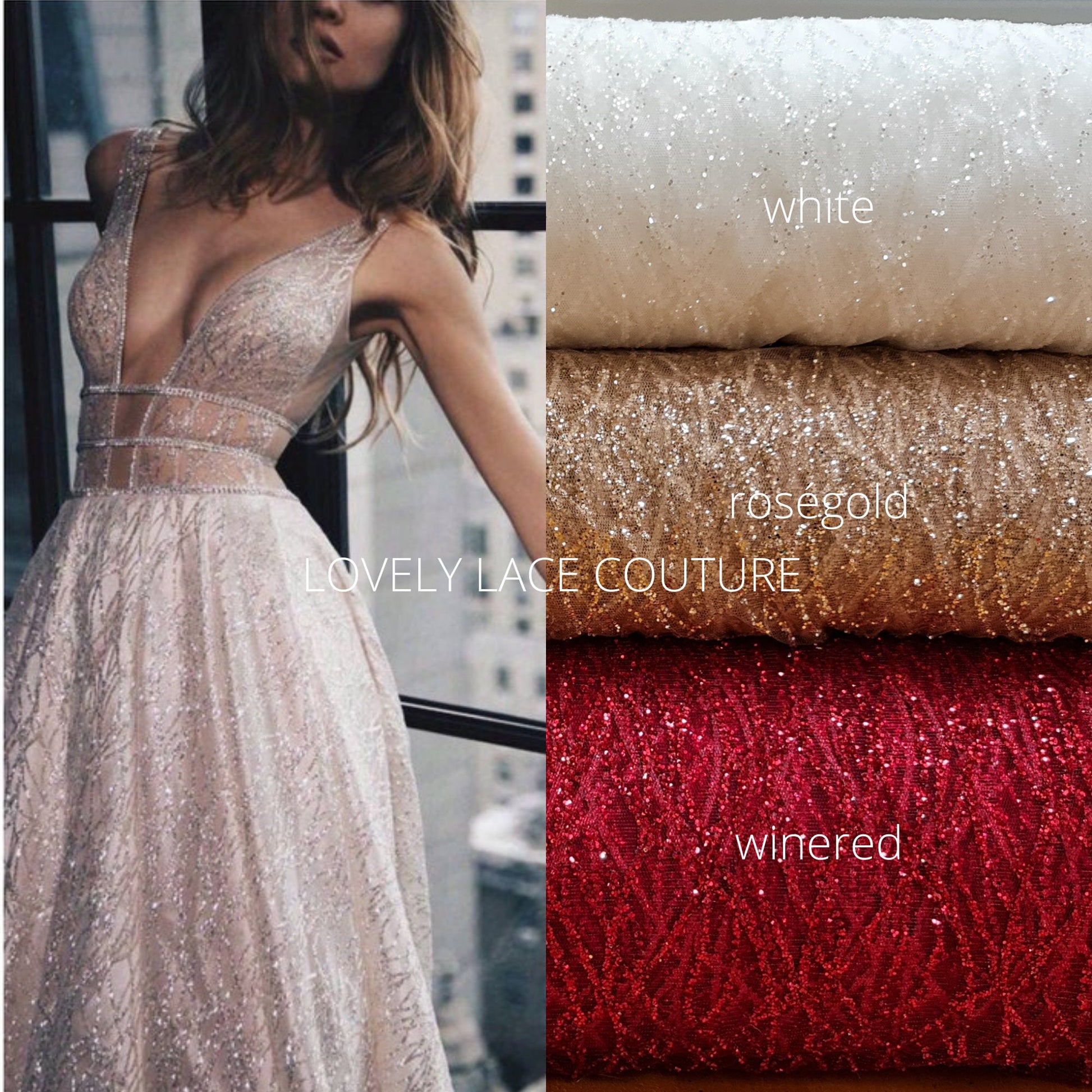 Glitter Tulle Fabric for wedding dresses, glitter mesh fabric, bridal glitter fabric in white LL-1103, roségold LL-1404 or winered LL-1448