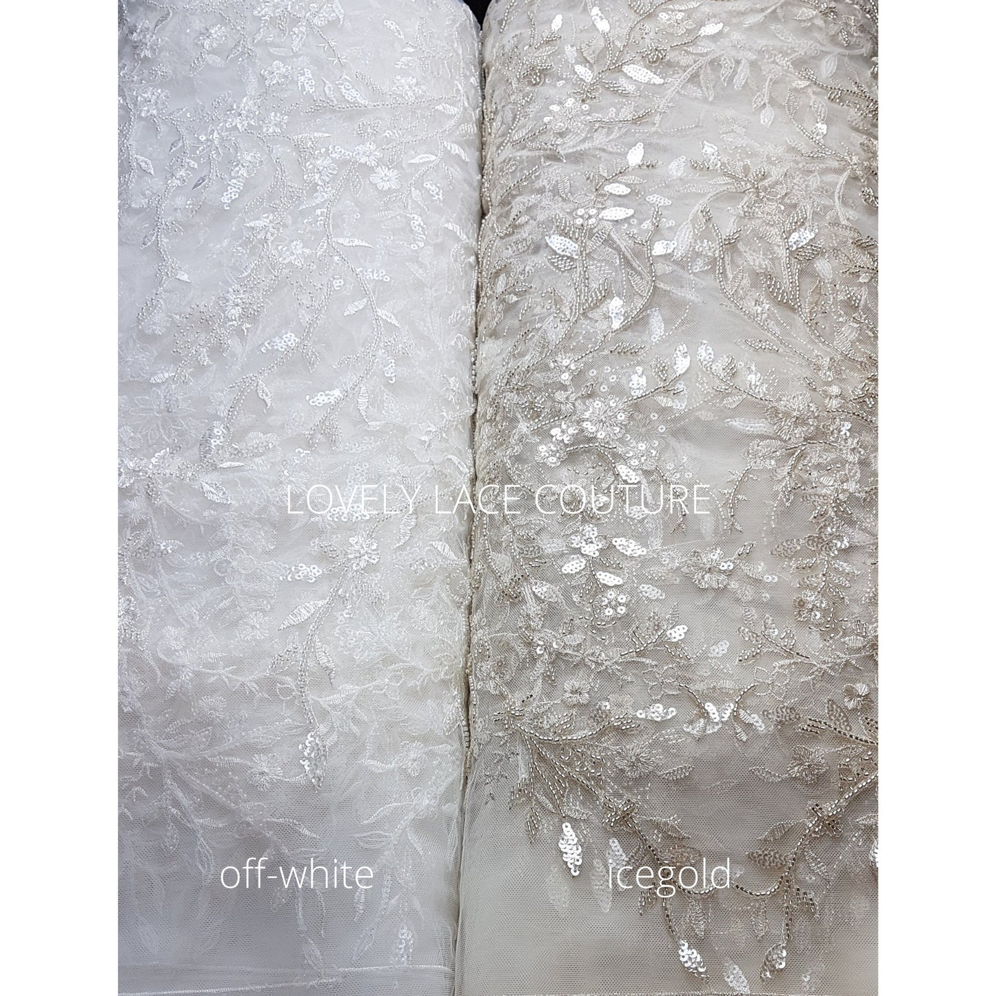 Lovely Flower bridal lace fabric with beads and sequins by yards, luxurious beaded wedding dress lace LL-1399 off-white or icegold LL-1449