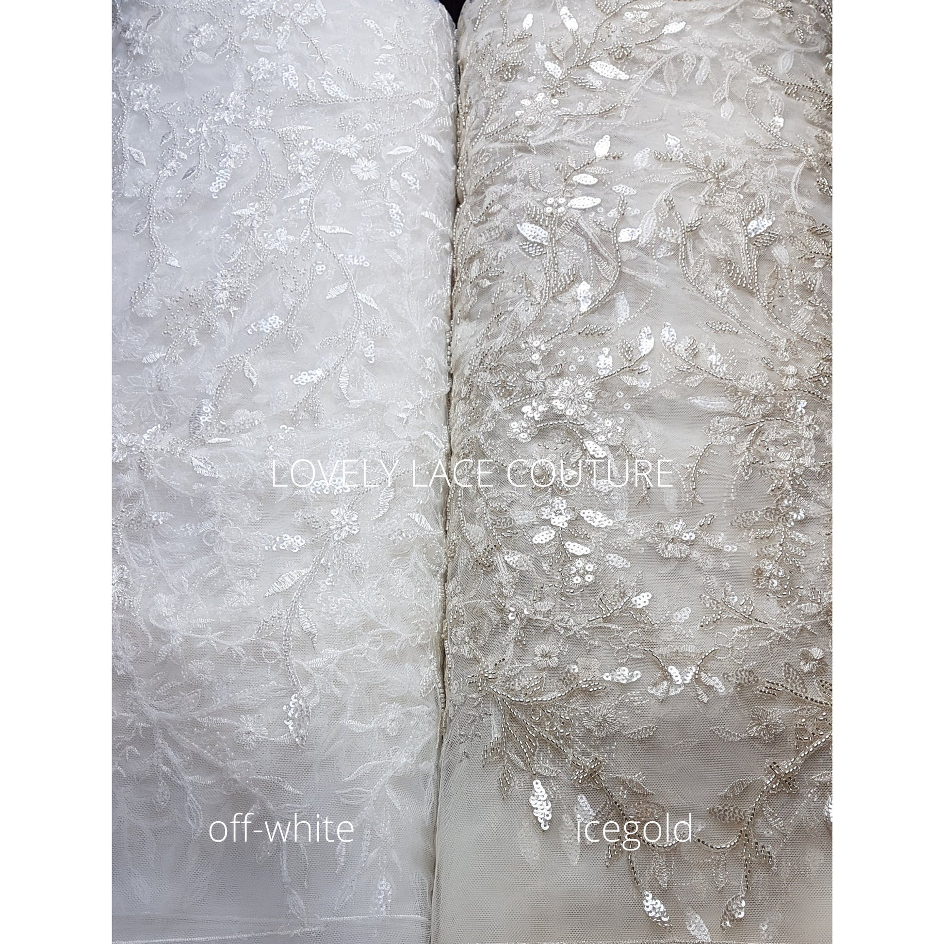 Lovely Flower bridal lace fabric with beads and sequins by yards, luxurious beaded wedding dress lace LL-1399 off-white or icegold LL-1449