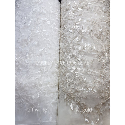 Lovely Flower bridal lace fabric with beads and sequins by yards, luxurious beaded wedding dress lace LL-1399 off-white or icegold LL-1449