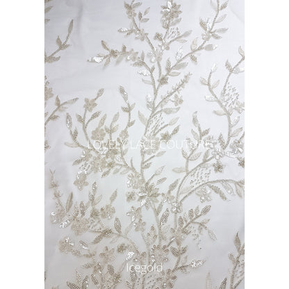 Lovely Flower bridal lace fabric with beads and sequins by yards, luxurious beaded wedding dress lace LL-1399 off-white or icegold LL-1449