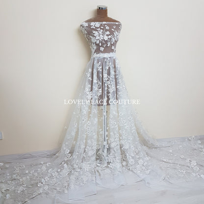 Flower bridal lace fabric with white net, silver flowers and beads and transparent sequins, wedding dress lace, fabric by yard LL-1447