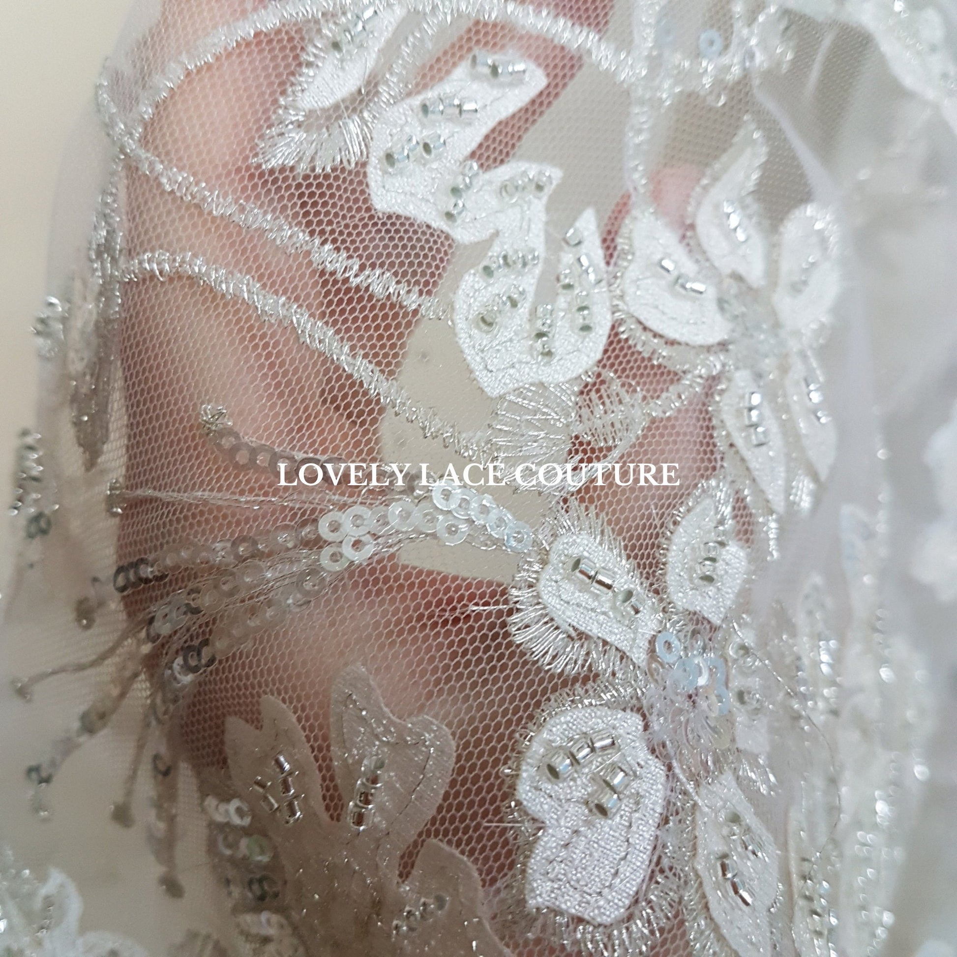 Flower bridal lace fabric with white net, silver flowers and beads and transparent sequins, wedding dress lace, fabric by yard LL-1447