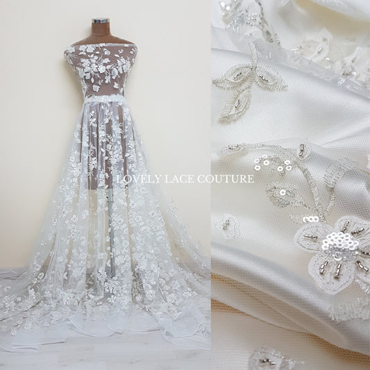 Flower bridal lace fabric with white net, silver flowers and beads and transparent sequins, wedding dress lace, fabric by yard LL-1447