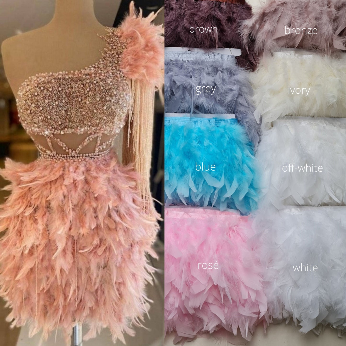 Weiche und fluffige Federn, Federbordüre, Federborte, Federband in mehreren Farben, hohe Qualität