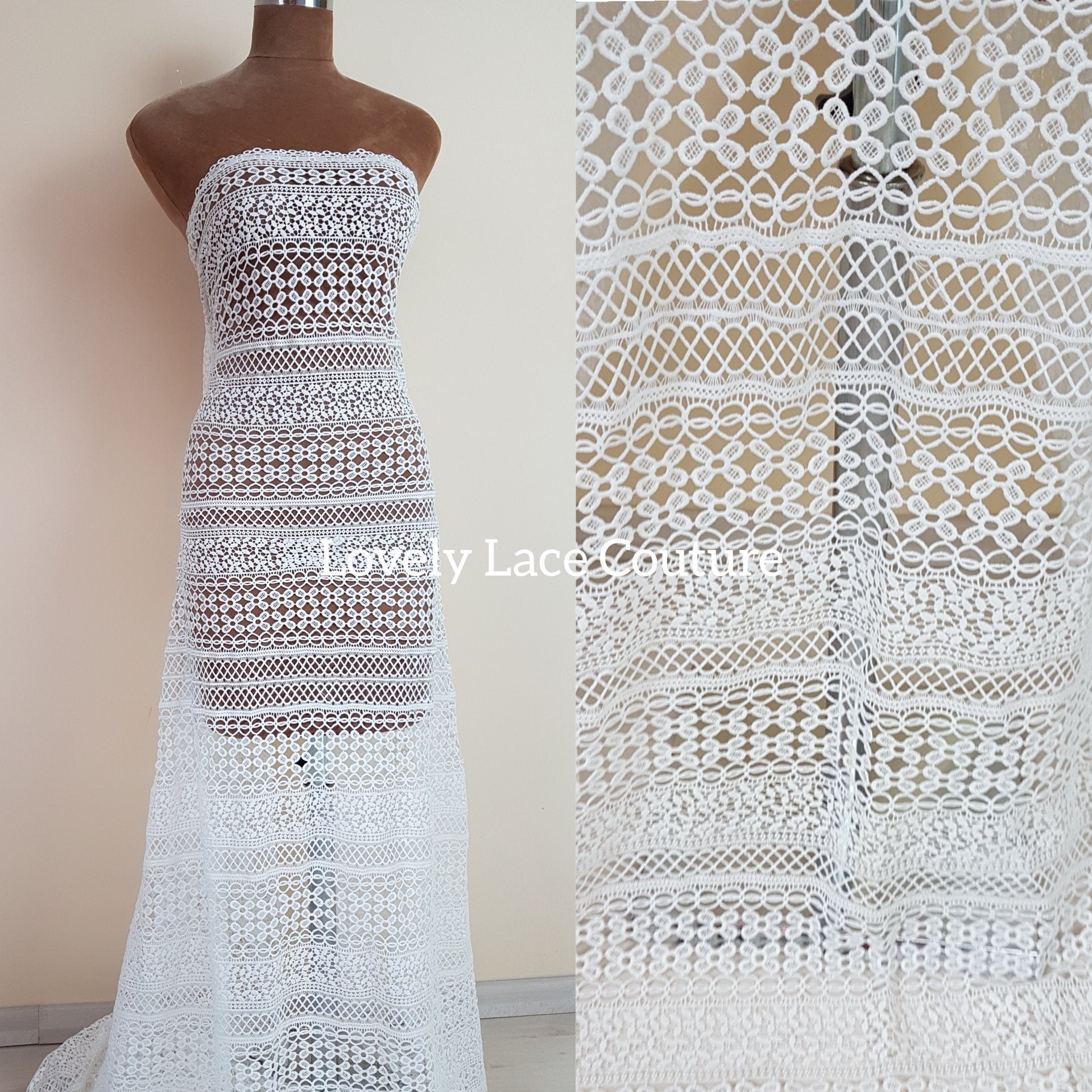 Very soft guipure lace in off-white, lace for gown, boho lace fabric, high quality, modern design, vintage lace fabric, from 1 metre LL-1436