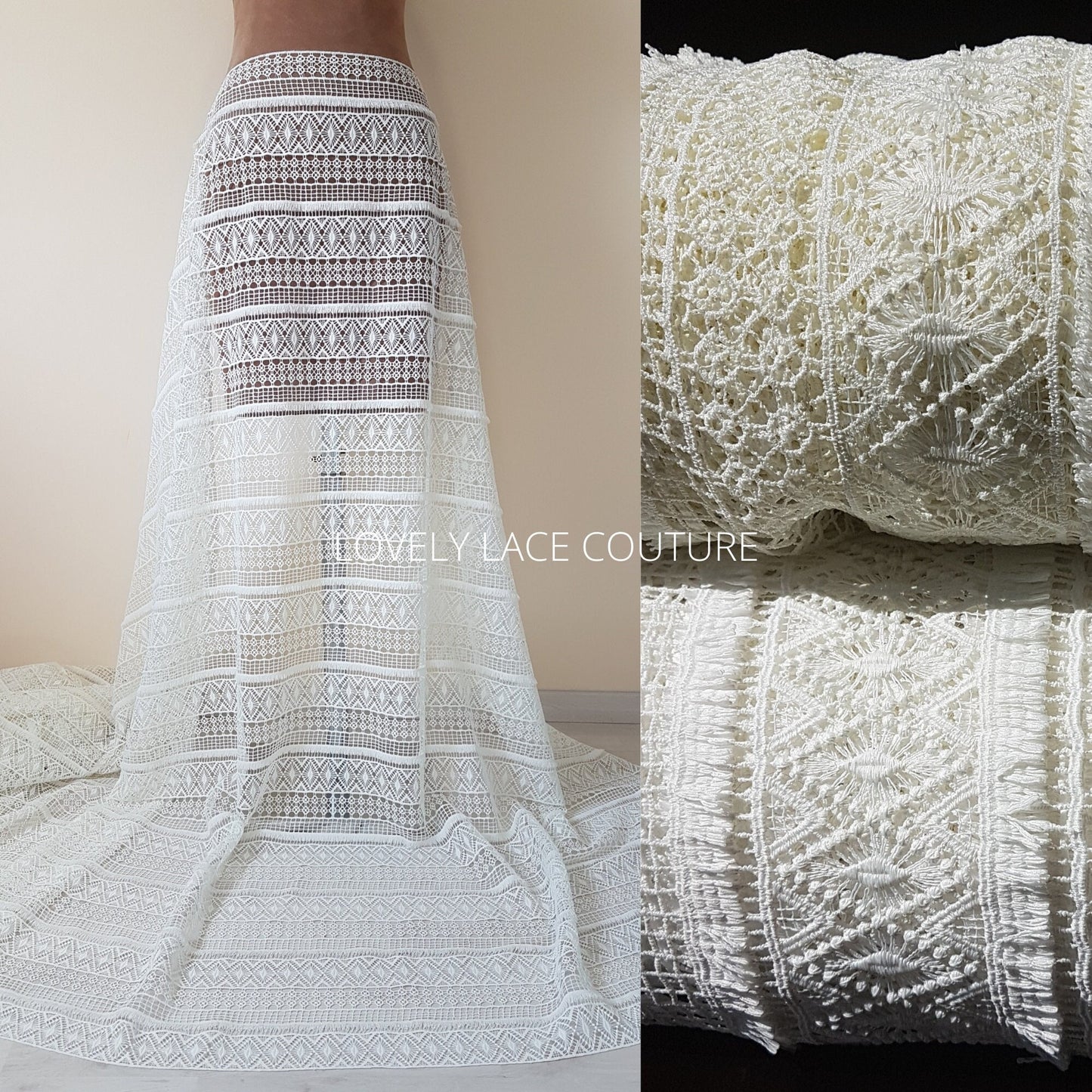 Gorgeous boho lace fabric, soft guipure lace in off-white LL-1460 or ivory LL-1461, Crochet Lace for bridal and wedding dresses
