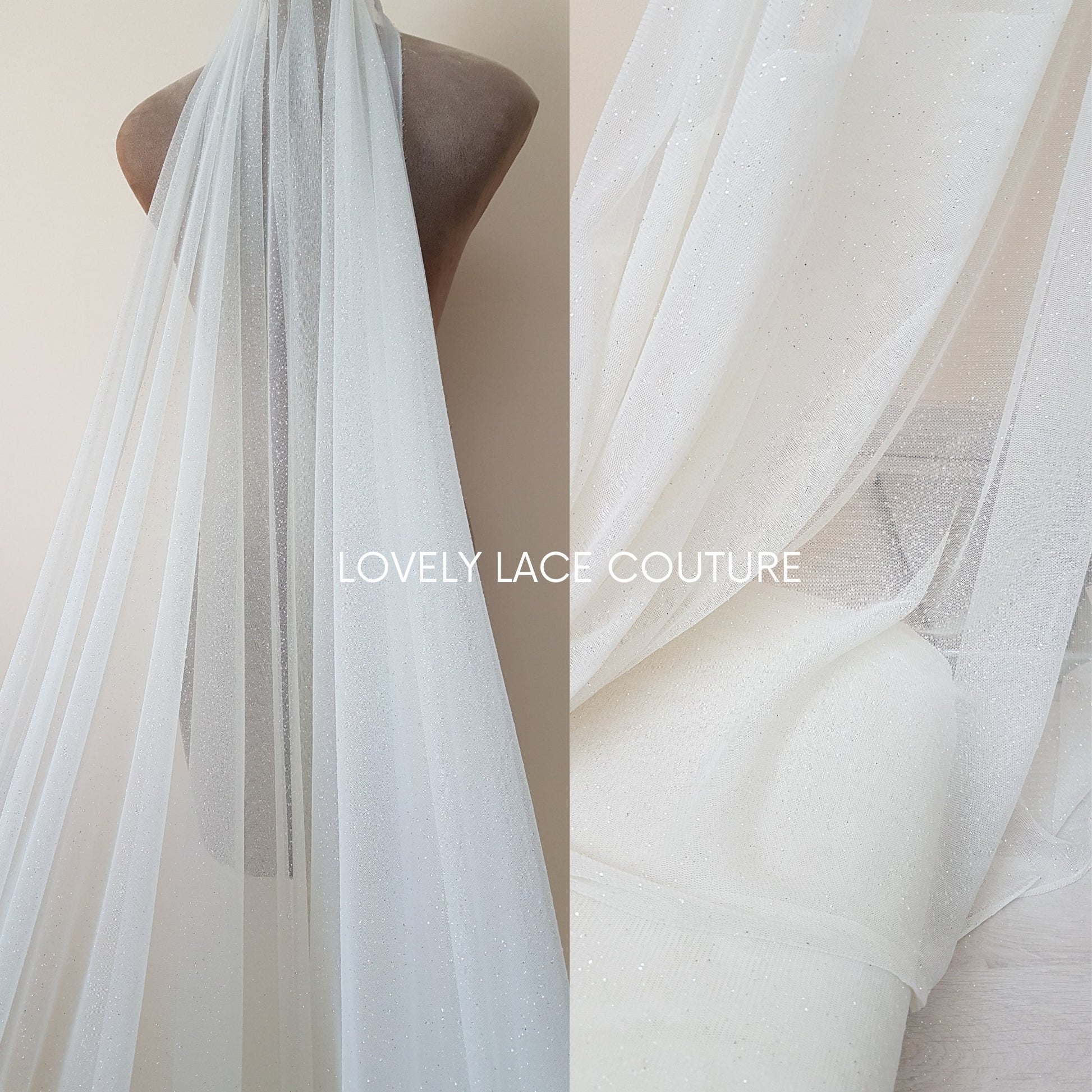 Very soft glitter tulle fabric in off-white or ivory, sparkling tulle for bridal veils or wedding dresses, mesh fabric, veil tulle LL-1462