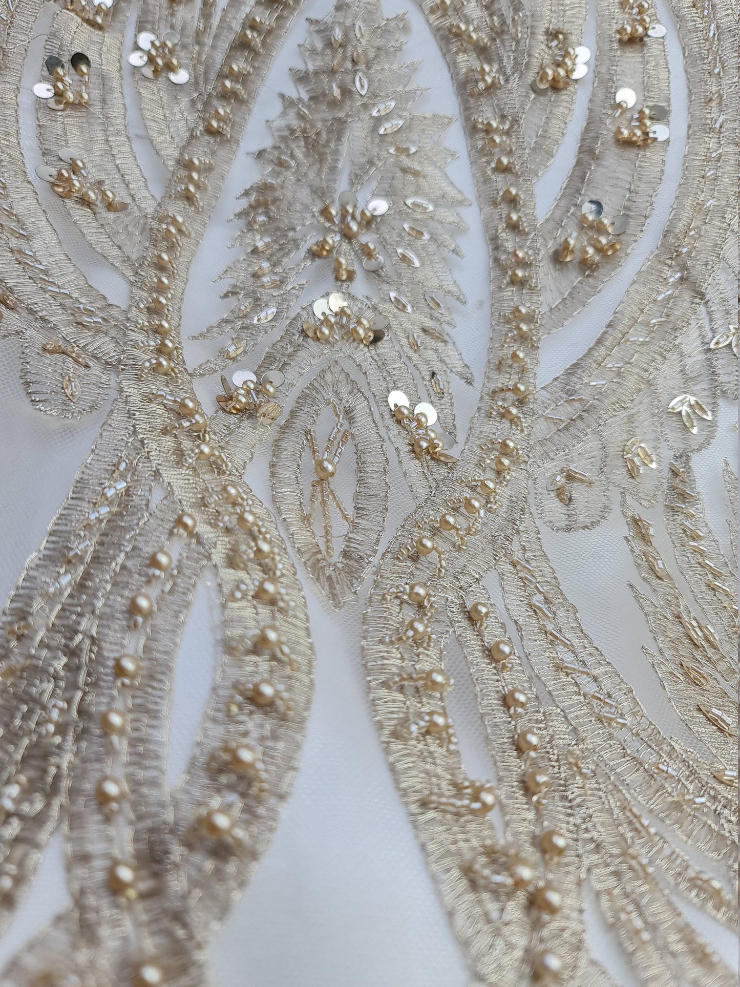 Gorgeous ornamental lace fabric with beads and big sequins in gold color, lace per meter LL-1346