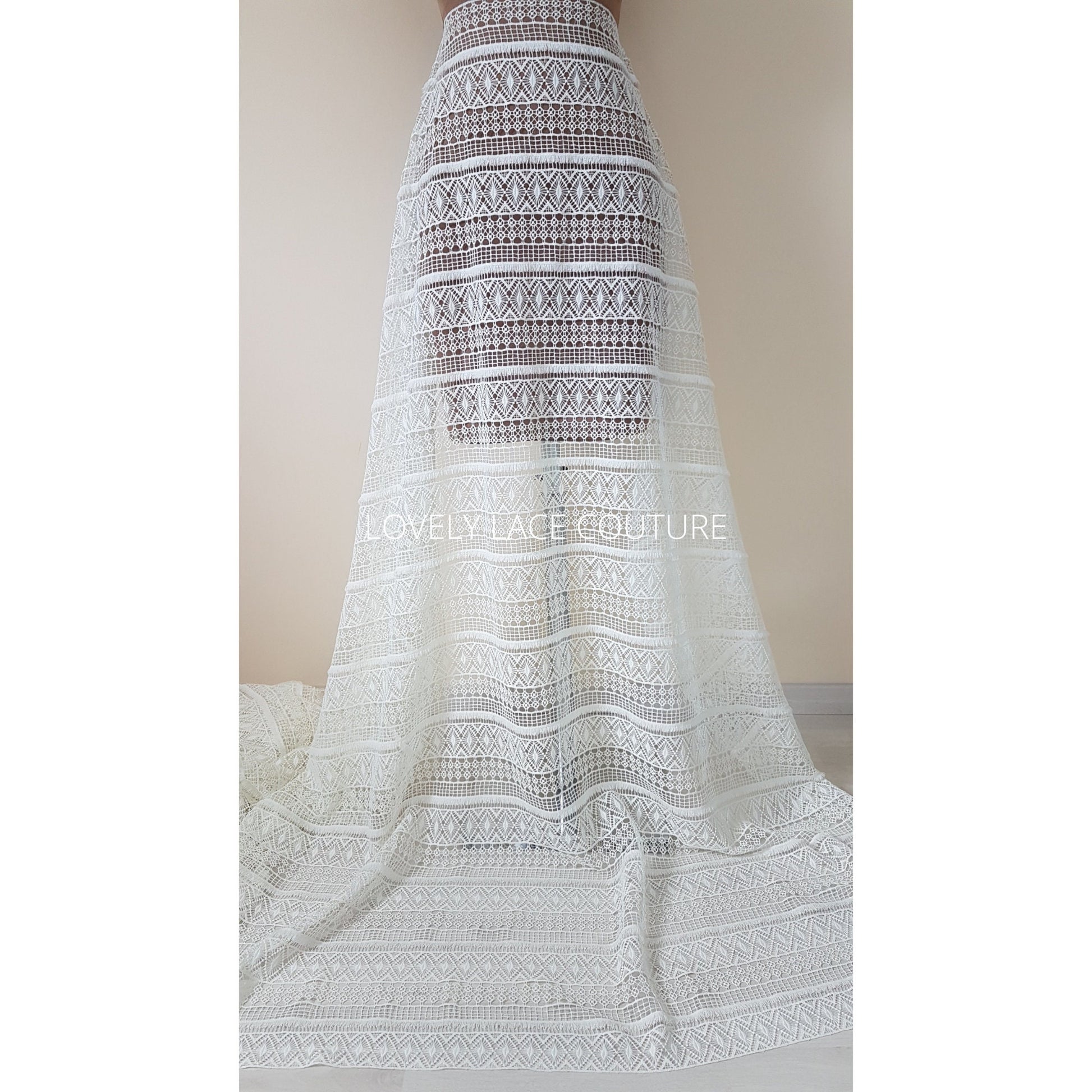 Gorgeous boho lace fabric, soft guipure lace in off-white LL-1460 or ivory LL-1461, Crochet Lace for bridal and wedding dresses
