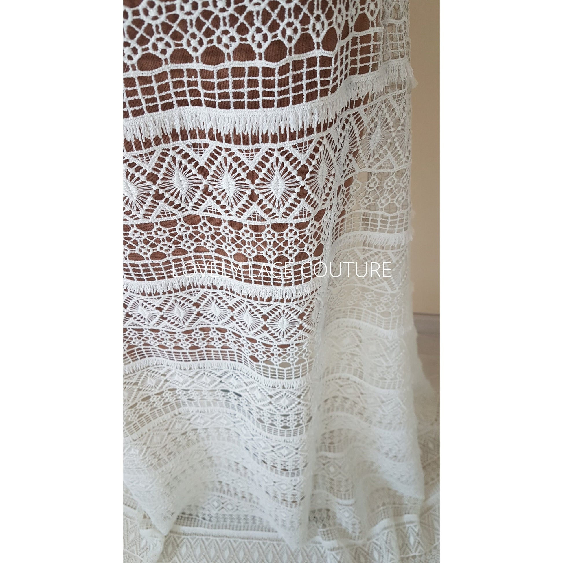 Gorgeous boho lace fabric, soft guipure lace in off-white LL-1460 or ivory LL-1461, Crochet Lace for bridal and wedding dresses