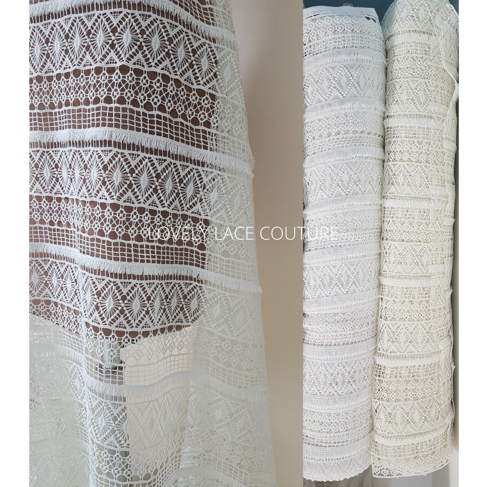 Gorgeous boho lace fabric, soft guipure lace in off-white LL-1460 or ivory LL-1461, Crochet Lace for bridal and wedding dresses