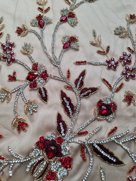 2 meter length, Stunning handmade lace fabric with fashionstones and rhinestones in red LL-1370 or purple color LL-1371