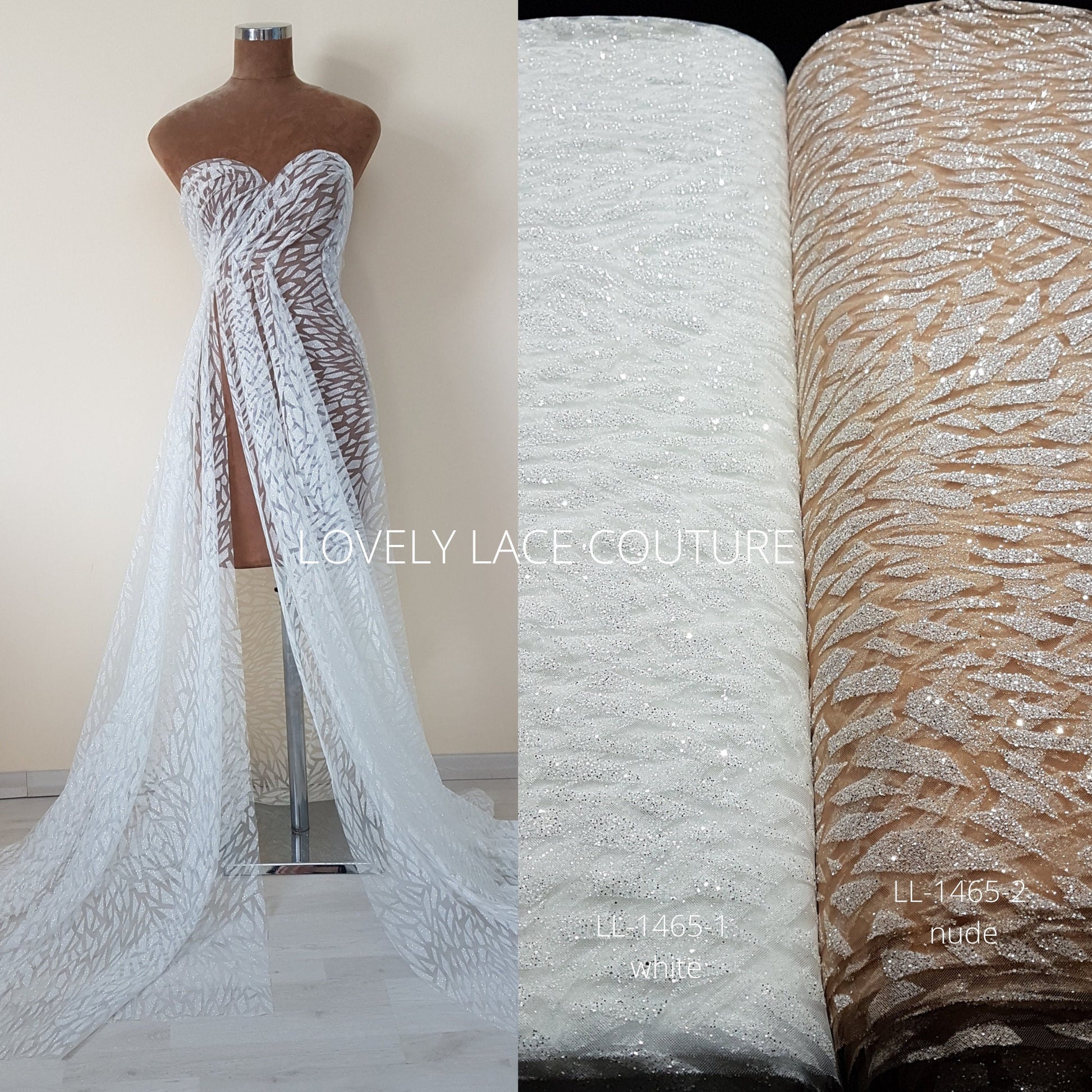 Gorgeous modern glitter tulle design, glitter fabric in color white LL- 1466-1 or nude LL-1466-2, net fabric with abstract design