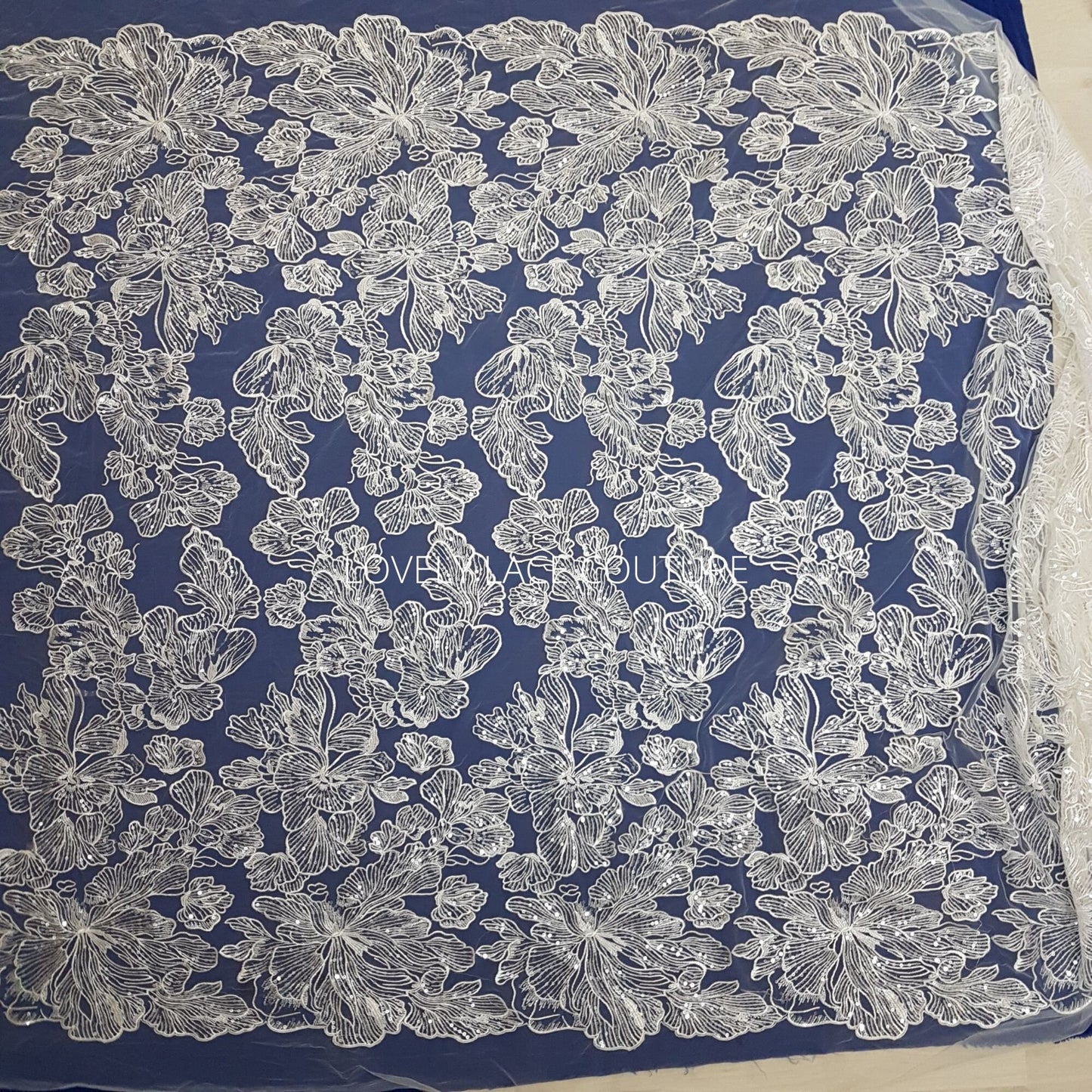 Big Flower bridal lace fabric with transparent sequins, soft wedding dress lace in off-white color, fabric per metre, allover lace, LL-1471