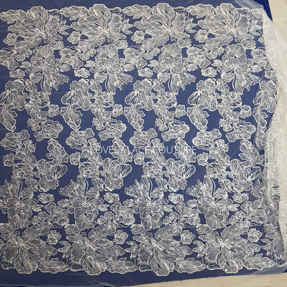 Big Flower bridal lace fabric with transparent sequins, soft wedding dress lace in off-white color, fabric per metre, allover lace, LL-1471