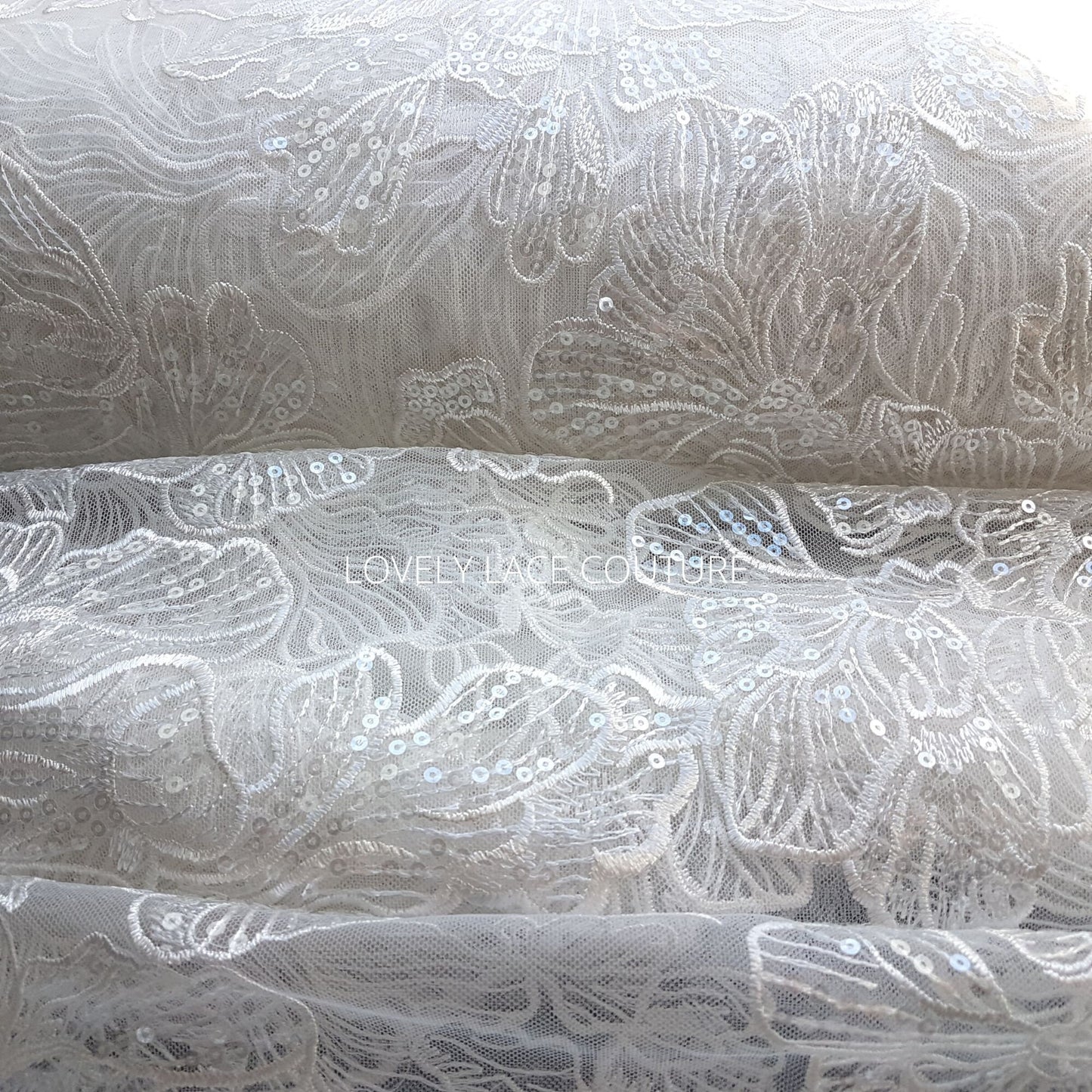 Big Flower bridal lace fabric with transparent sequins, soft wedding dress lace in off-white color, fabric per metre, allover lace, LL-1471