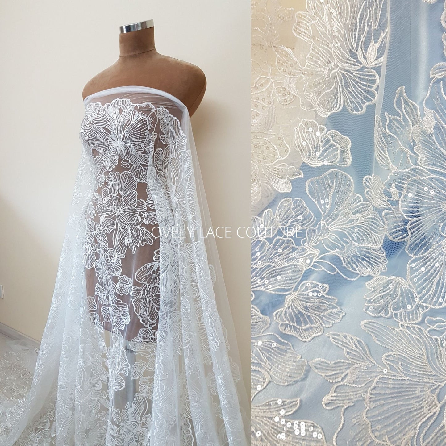 Big Flower bridal lace fabric with transparent sequins, soft wedding dress lace in off-white color, fabric per metre, allover lace, LL-1471