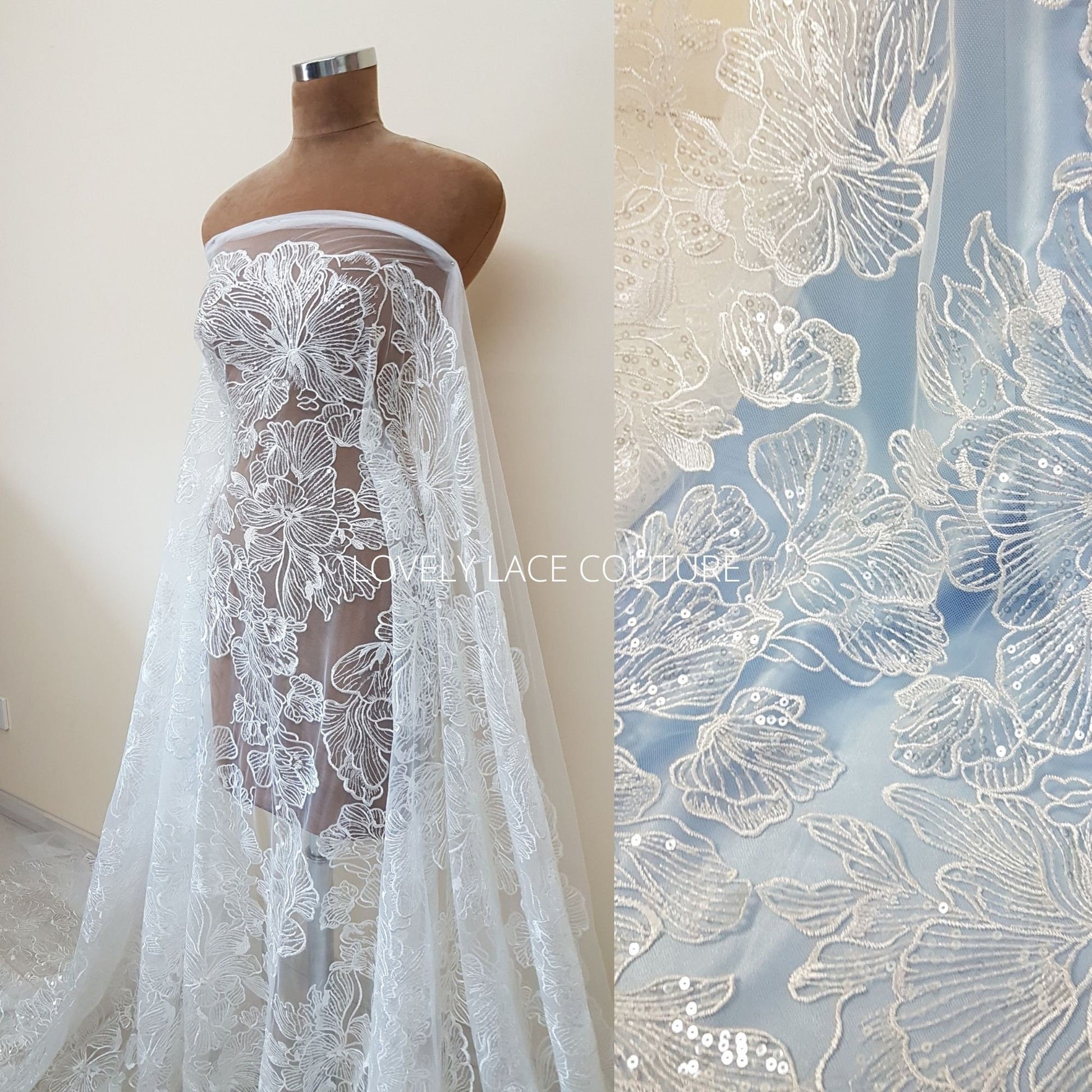Big Flower bridal lace fabric with transparent sequins, soft wedding dress lace in off-white color, fabric per metre, allover lace, LL-1471