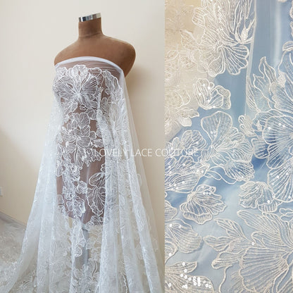 Big Flower bridal lace fabric with transparent sequins, soft wedding dress lace in off-white color, fabric per metre, allover lace, LL-1471