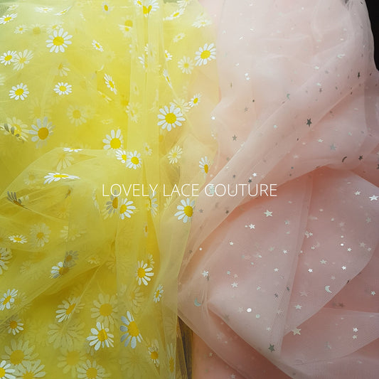 Soft tulle fabric, star and moon tulle print in rosé color LL-1468, margaret flowers print in yellow color LL-1469, printed mesh fabric
