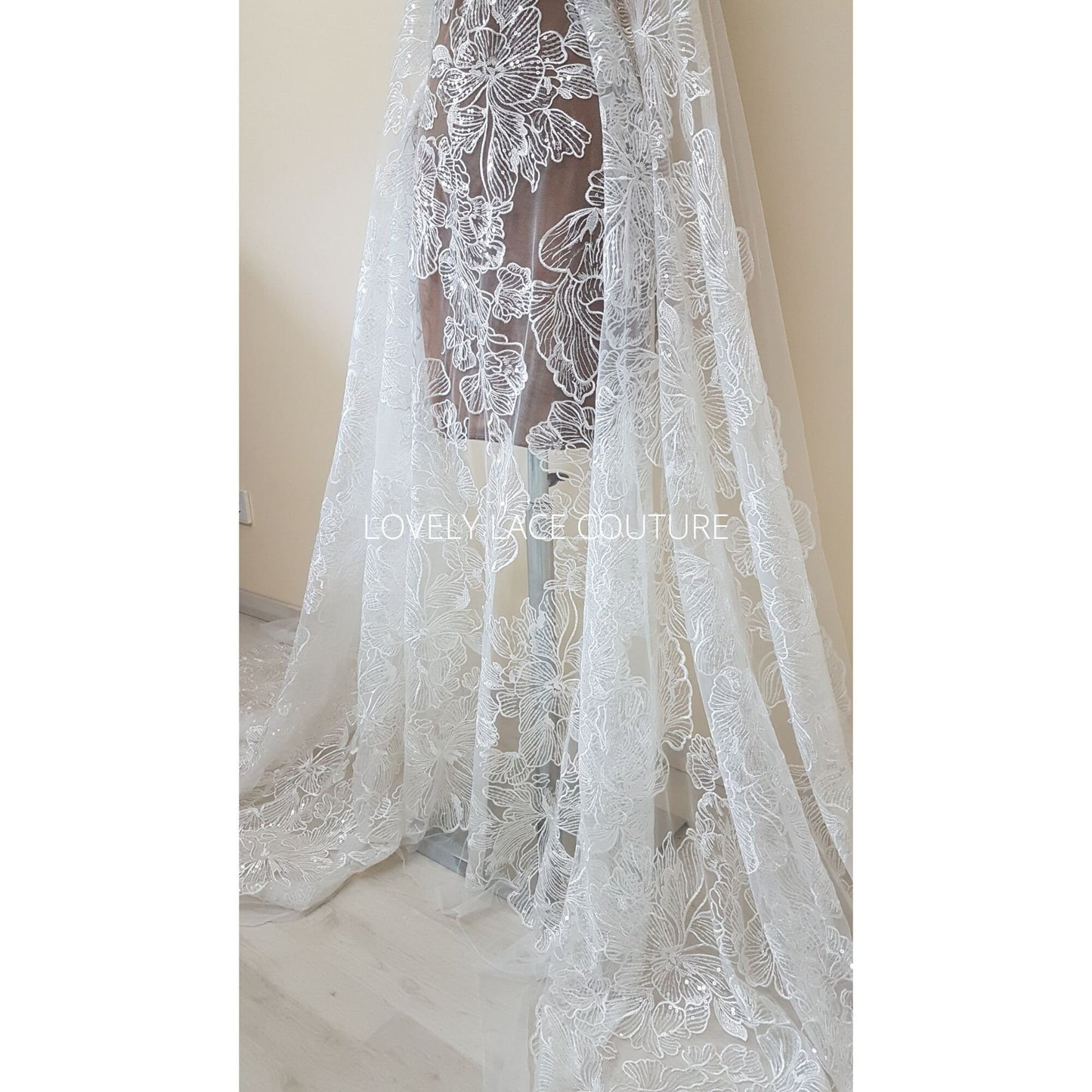 Big Flower bridal lace fabric with transparent sequins, soft wedding dress lace in off-white color, fabric per metre, allover lace, LL-1471