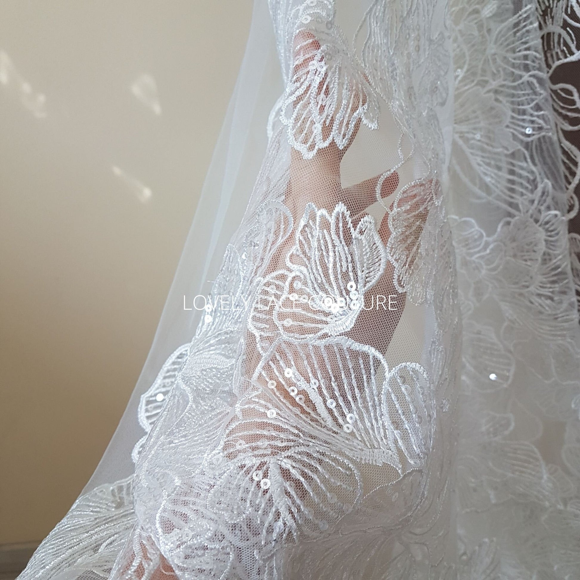 Big Flower bridal lace fabric with transparent sequins, soft wedding dress lace in off-white color, fabric per metre, allover lace, LL-1471