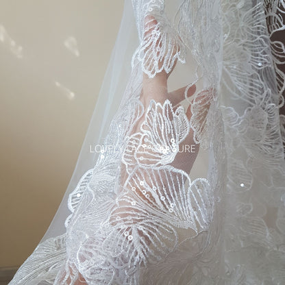 Big Flower bridal lace fabric with transparent sequins, soft wedding dress lace in off-white color, fabric per metre, allover lace, LL-1471