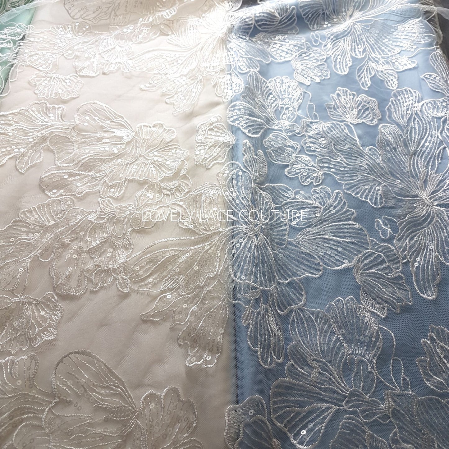 Big Flower bridal lace fabric with transparent sequins, soft wedding dress lace in off-white color, fabric per metre, allover lace, LL-1471
