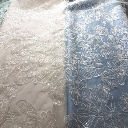 Big Flower bridal lace fabric with transparent sequins, soft wedding dress lace in off-white color, fabric per metre, allover lace, LL-1471