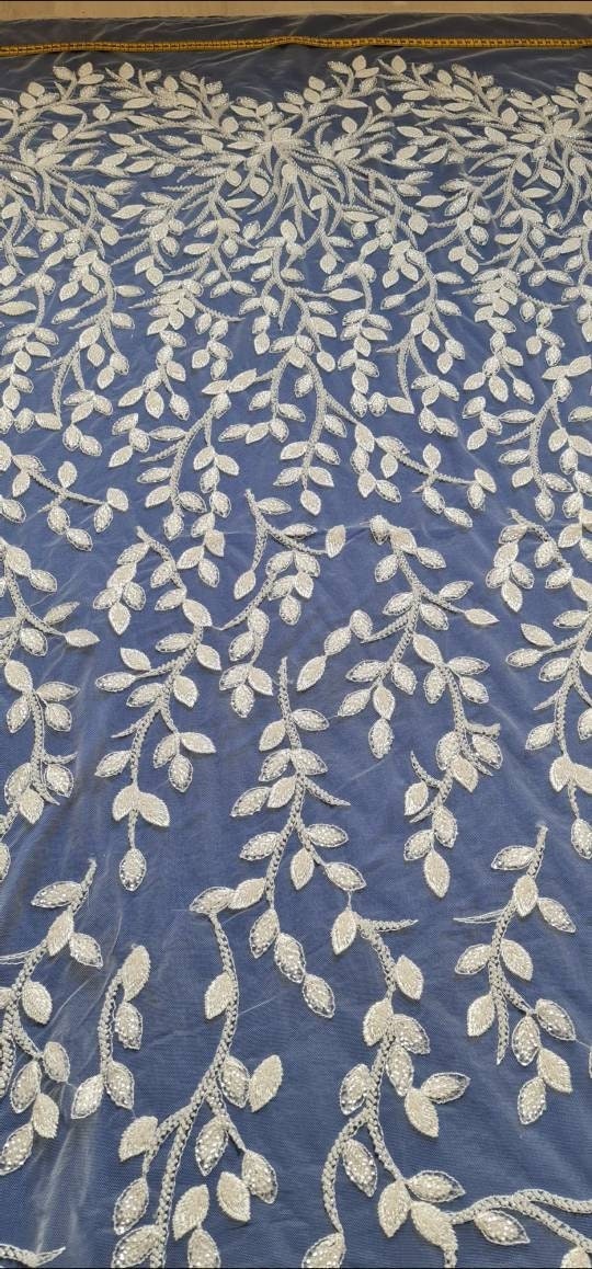 Beautiful white lace fabric with leaf design and transparent sequins, wedding lace, bridal lace, embellished tulle fabric LL-1101