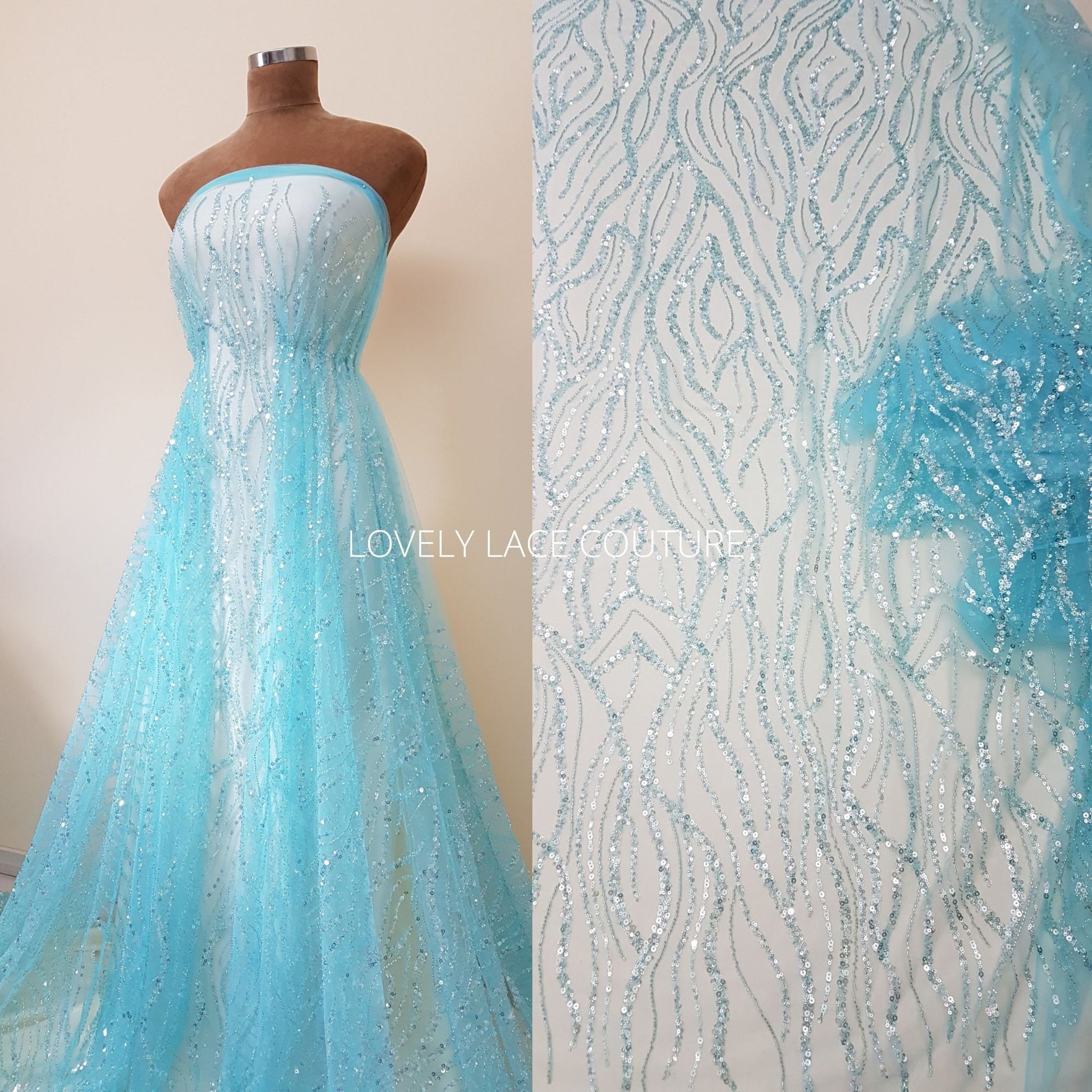 Abstrakte Brautspitze mit Perlen und Pailletten, Couture Spitze, Braut und Hochzeitspitze in off-white LL-1473 und turqouise LL-1474