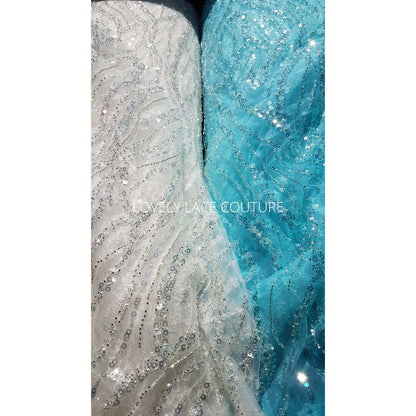 lace fabric wave pattern in off-white and turqouise color