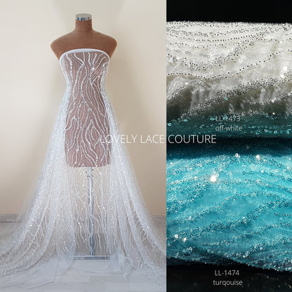 Abstrakte Brautspitze mit Perlen und Pailletten, Couture Spitze, Braut und Hochzeitspitze in off-white LL-1473 und turqouise LL-1474
