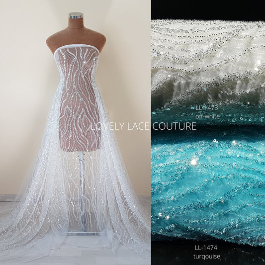 Abstrakte Brautspitze mit Perlen und Pailletten, Couture Spitze, Braut und Hochzeitspitze in off-white LL-1473 und turqouise LL-1474