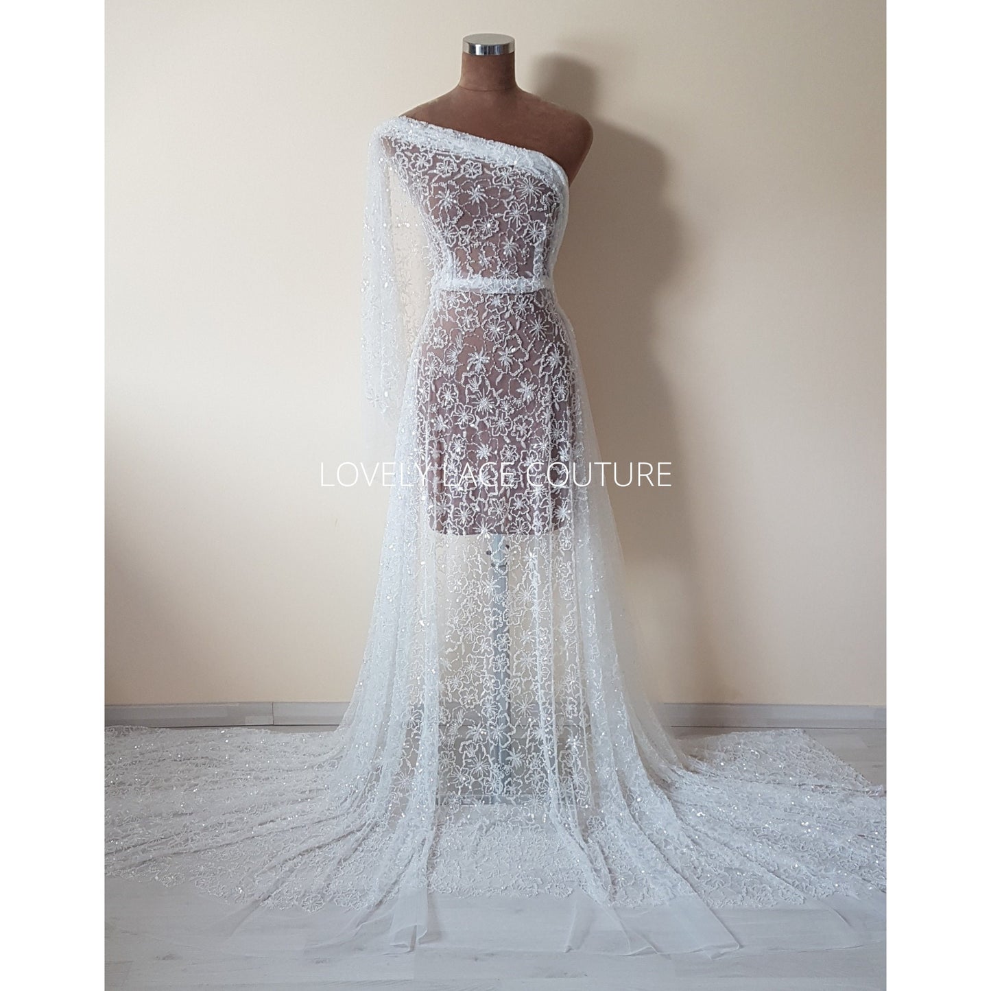 Weiße florale Brautspitze mit Perlen und Pailletten, Couture Spitze, moderne Braut und Hochzeitspitze LL-1475