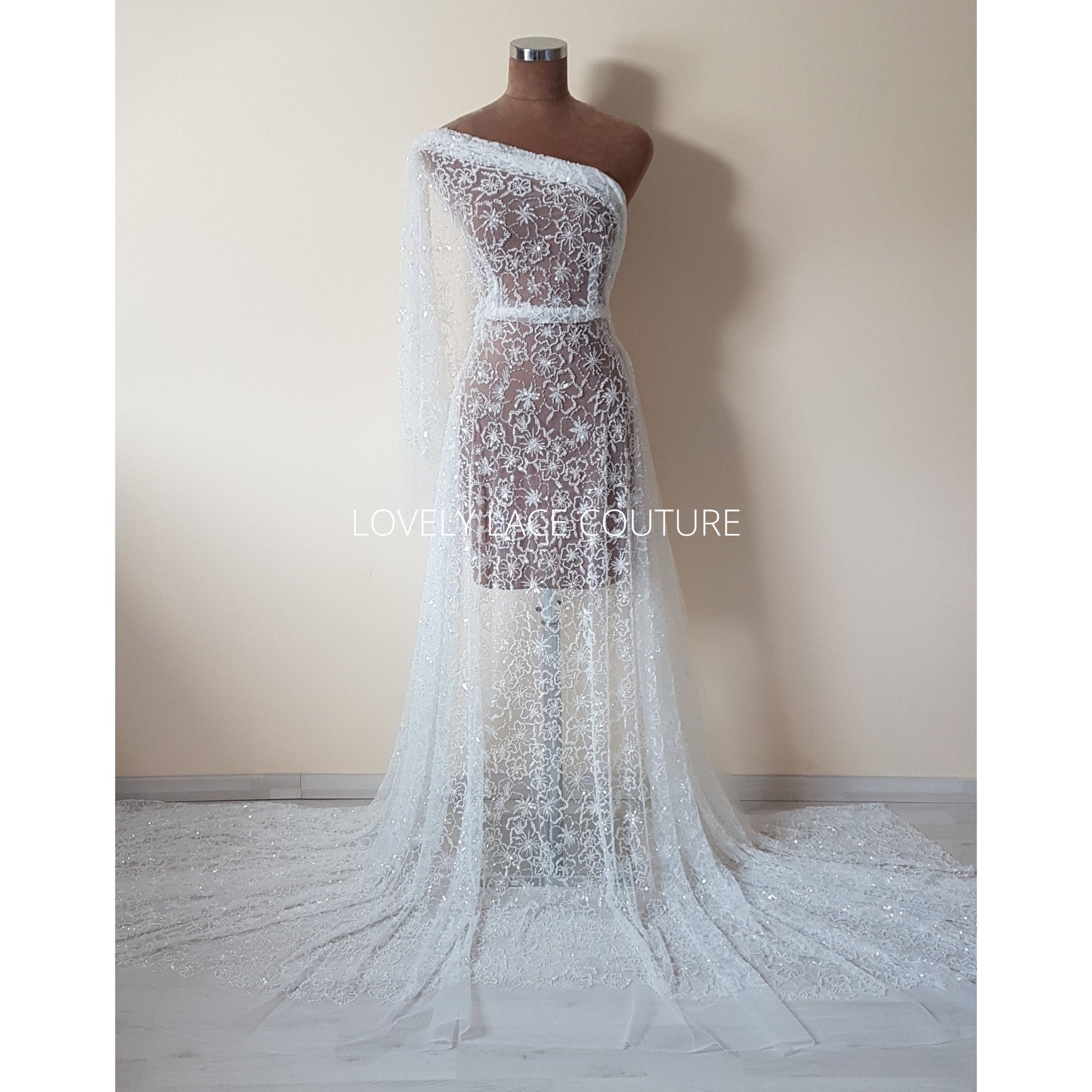 Weiße florale Brautspitze mit Perlen und Pailletten, Couture Spitze, moderne Braut und Hochzeitspitze LL-1475