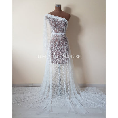 Weiße florale Brautspitze mit Perlen und Pailletten, Couture Spitze, moderne Braut und Hochzeitspitze LL-1475