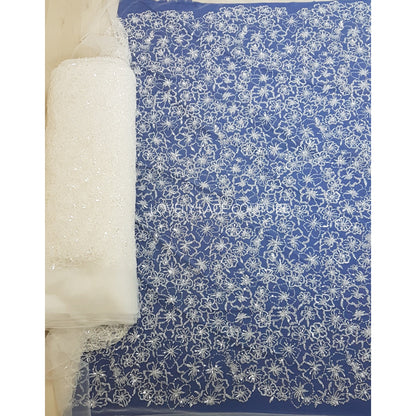Weiße florale Brautspitze mit Perlen und Pailletten, Couture Spitze, moderne Braut und Hochzeitspitze LL-1475