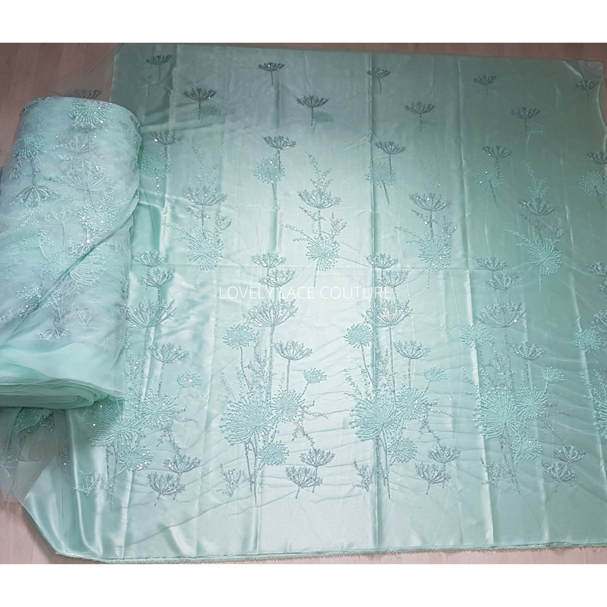 LL-1476, Lovely lace fabric with modern dandelion design, lace per metre, wedding dress lace fabric in mint color