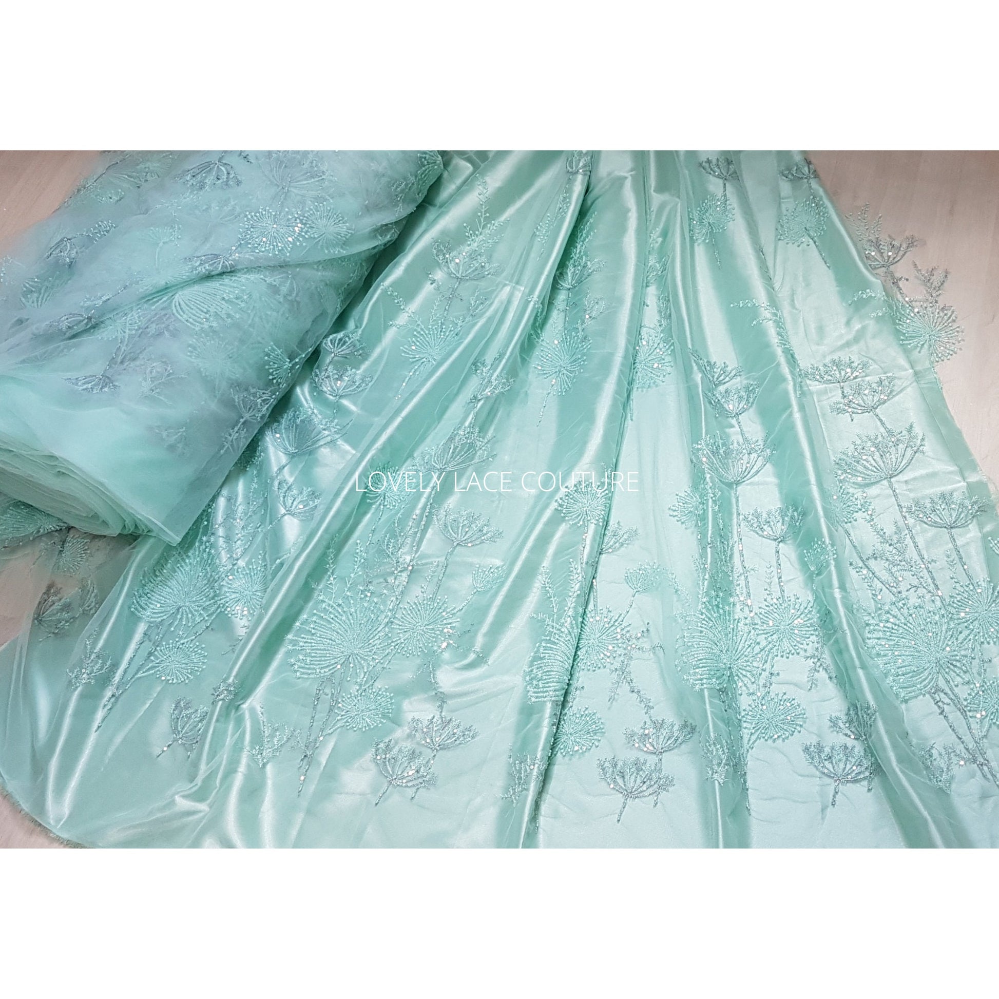 LL-1476, Lovely lace fabric with modern dandelion design, lace per metre, wedding dress lace fabric in mint color