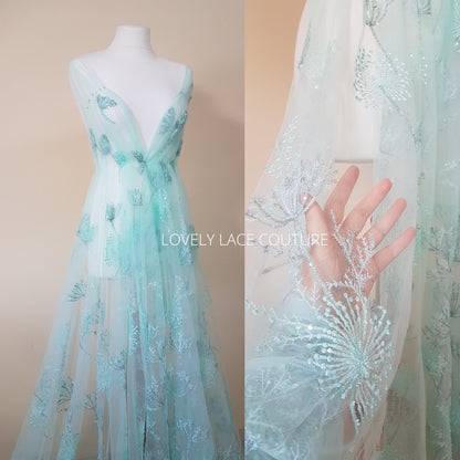 LL-1491 Beautiful lace fabric with dandelion design, lace per metre, wedding dress lace fabric in off-white color