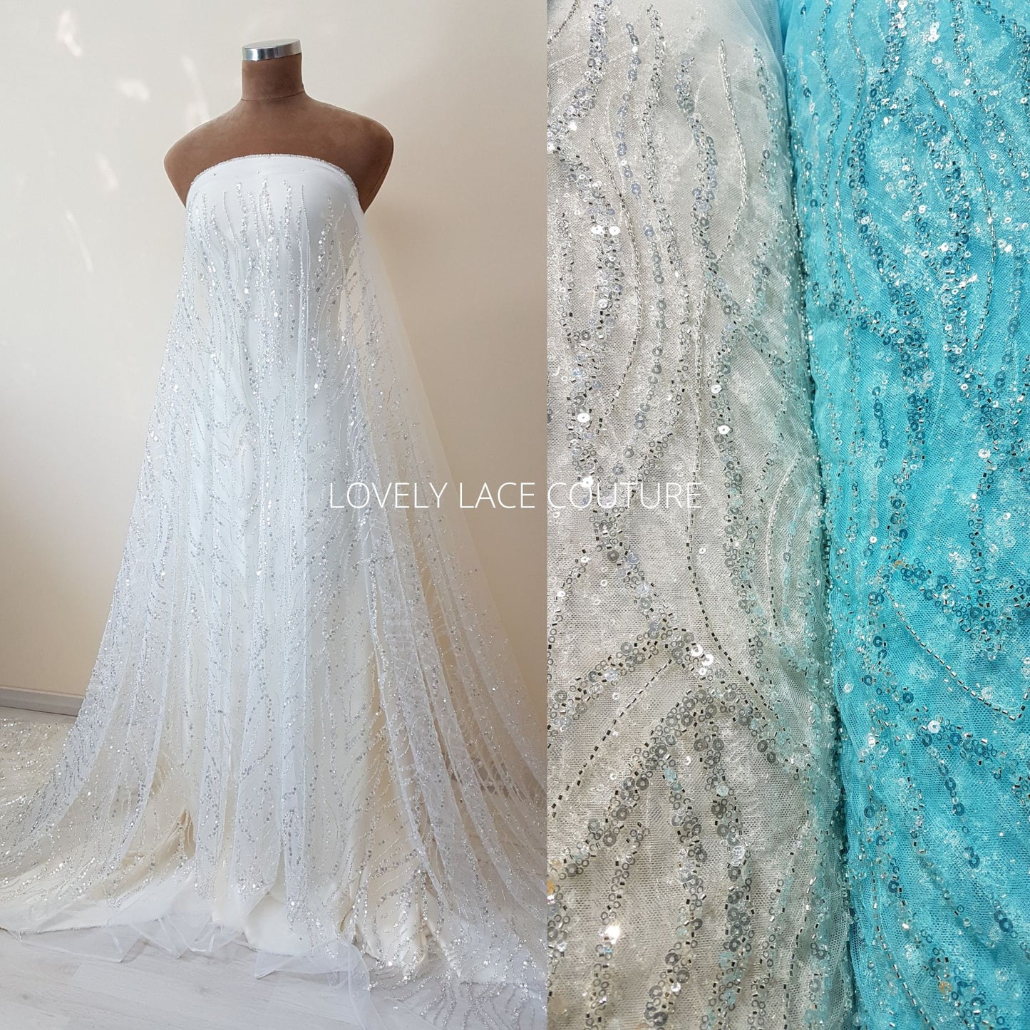 Abstrakte Brautspitze mit Perlen und Pailletten, Couture Spitze, Braut und Hochzeitspitze in off-white LL-1473 und turqouise LL-1474