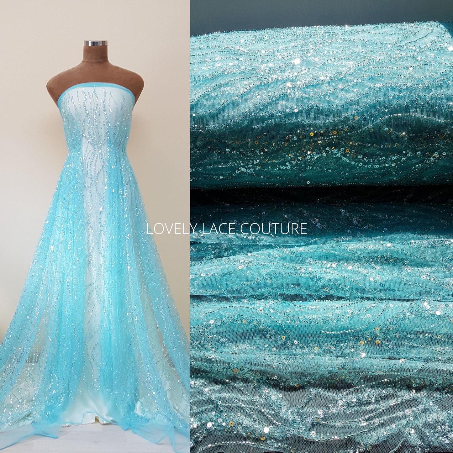 Abstrakte Brautspitze mit Perlen und Pailletten, Couture Spitze, Braut und Hochzeitspitze in off-white LL-1473 und turqouise LL-1474