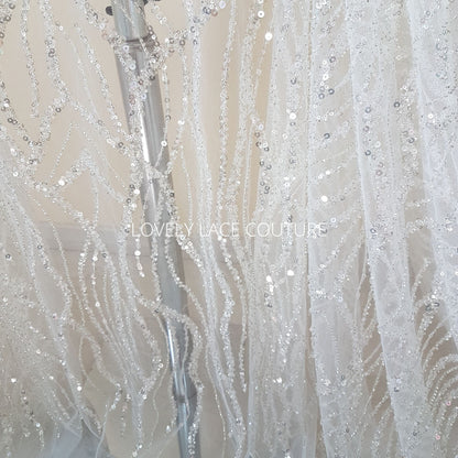 lace fabric wave pattern in off-white and blue color
