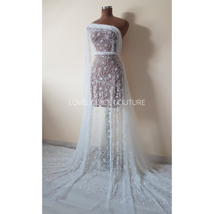 Weiße florale Brautspitze mit Perlen und Pailletten, Couture Spitze, moderne Braut und Hochzeitspitze LL-1475
