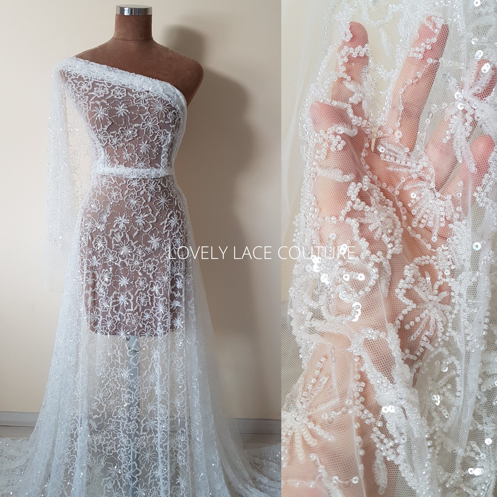 Weiße florale Brautspitze mit Perlen und Pailletten, Couture Spitze, moderne Braut und Hochzeitspitze LL-1475