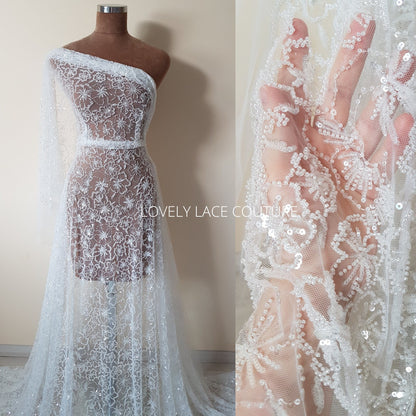 Weiße florale Brautspitze mit Perlen und Pailletten, Couture Spitze, moderne Braut und Hochzeitspitze LL-1475