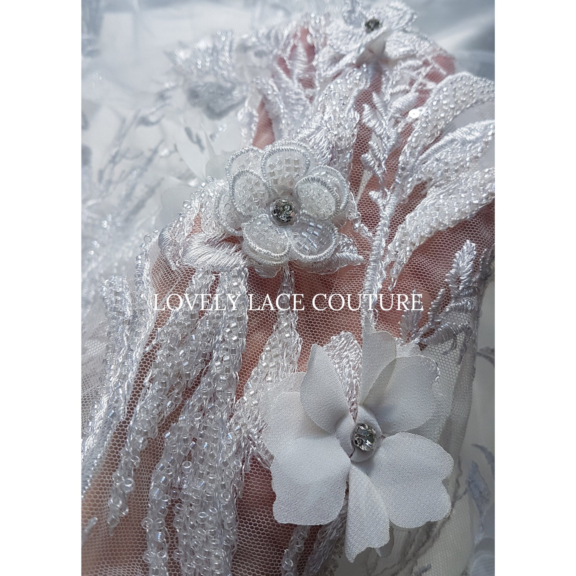 Gorgeous beaded bridal lace fabric with 3d flowers in off-white color, lace for gown, fabric per metre, article LL-1479