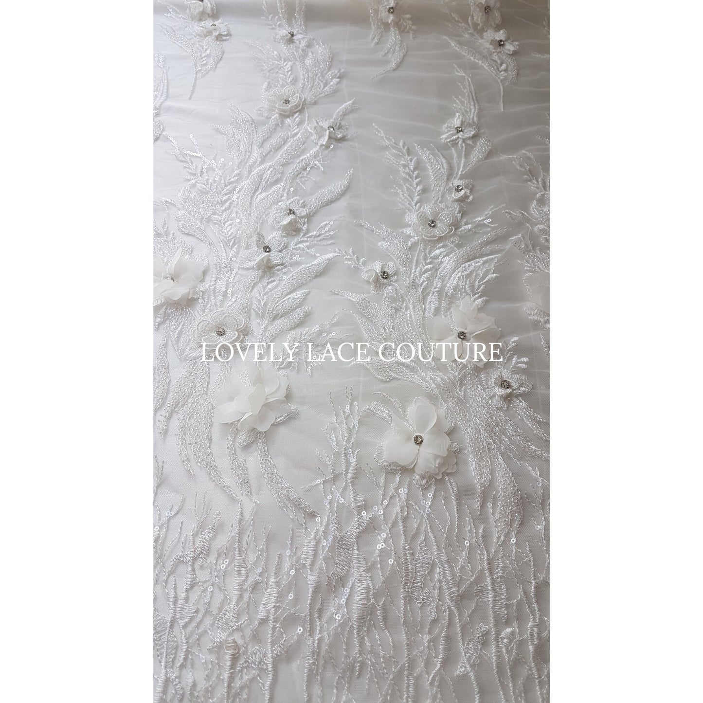 Gorgeous beaded bridal lace fabric with 3d flowers in off-white color, lace for gown, fabric per metre, article LL-1479